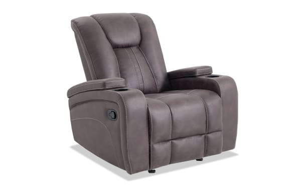 Viking Graphite Manual Gliding Recliner in gray polyester fabric with transitional style, memory foam cushioning, cupholders, and hidden arm storage.