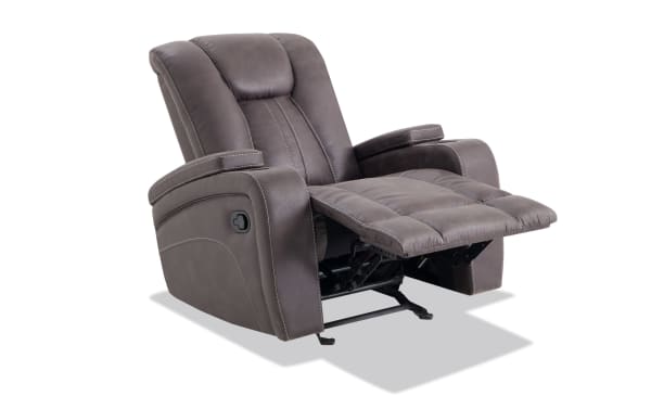 Viking Graphite Manual Gliding Recliner in gray polyester fabric with transitional style, padded armrests, and extended footrest for comfort and convenience.