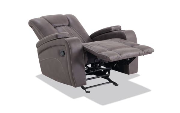 Viking Graphite Manual Gliding Recliner in gray polyester fabric with transitional style, padded armrests, and extended footrest for comfort and convenience.
