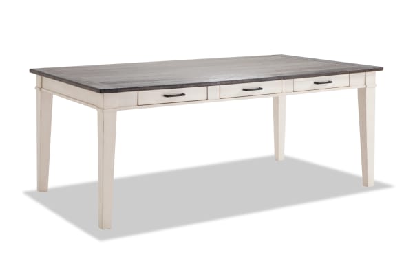 Montana White & Espresso Storage Dining Table with rustic rubberwood and oak veneer espresso top, antique white base, and six storage drawers.