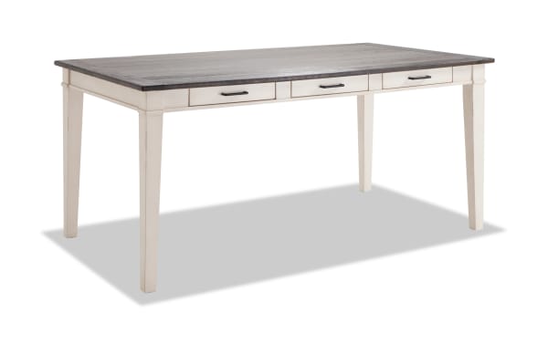 Montana White & Espresso Counter Height Storage Dining Table with rustic rubberwood and oak veneer top, antique white base, and six storage drawers.