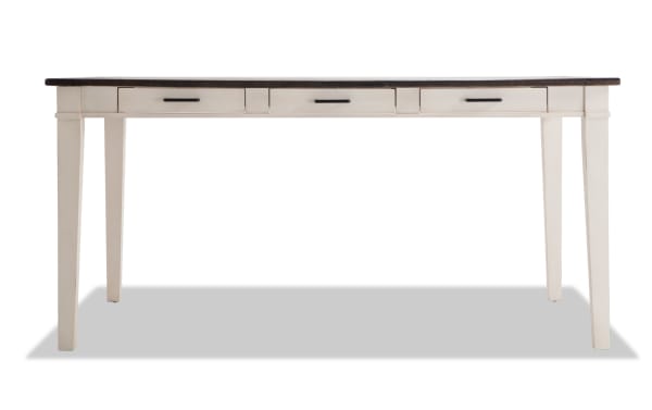 Montana White & Espresso Counter Height Storage Dining Table with rustic rubberwood and oak veneer top, antique white base, and six storage drawers.
