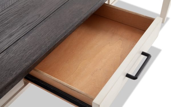 Rustic Montana White & Espresso Counter Height Dining Table drawer open, showing natural wood interior storage in rubberwood and oak veneer design.