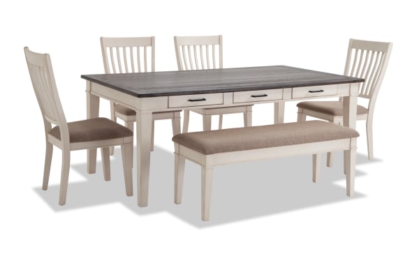 Montana 6 Piece White & Beige Upholstered Dining Set with Storage Bench