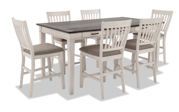 Montana 7 Piece Beige Upholstered Counter Height Dining Set with rustic rubberwood and oak veneer table, six storage drawers, and cushioned polyester fabric chairs.