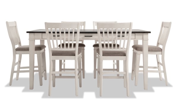 Montana 7 Piece Rustic Counter Height Dining Set with beige polyester-upholstered chairs, rubberwood solid frame, oak veneer top, and six storage drawers.