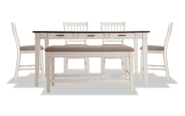 Montana 6 Piece White & Beige Upholstered Counter Height Dining Set with Storage Bench