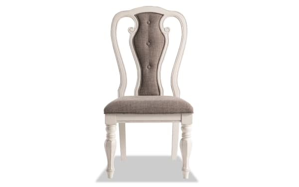 Scarlett White & Beige Queen Anne Upholstered Dining Chair in cottage style with tufted beige polyester fabric, carved front legs, and distressed white finish.