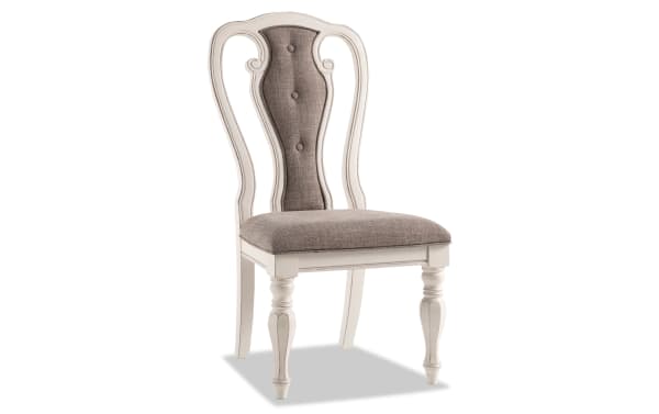 Scarlett White & Beige Queen Anne Upholstered Dining Chair with tufted splat back, carved front legs, distressed antique white finish, and beige polyester fabric. Cottage style side chair from Scarlett Dining collection, made with MDF, poplar solids, oak veneers, and memory foam upholstery for comfort.