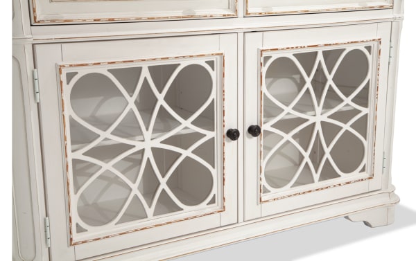 Scarlett White & Oak 2 Drawer Server from Scarlett Dining, cottage style with distressed antique white polar solids, oak veneer, and decorative glass doors.
