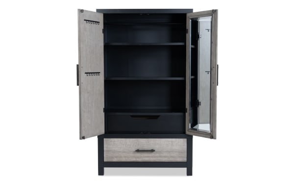 Fusion Black & Gray 2 Drawer Armoire from Fusion collection, transitional style with MDF, poplar solids, birch veneers, featuring black interior, gray doors, interior mirror, hooks, shelves, and sleek bar hardware.