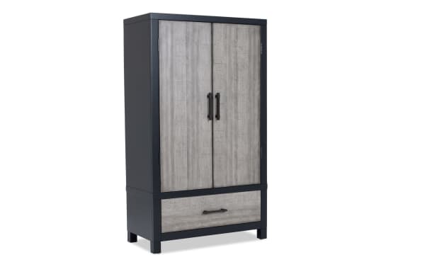 Fusion Black & Gray 2 Drawer Armoire from Fusion collection, transitional style with MDF, poplar solids, birch veneers, black frame, gray wood doors, bar handles, and interior mirror.
