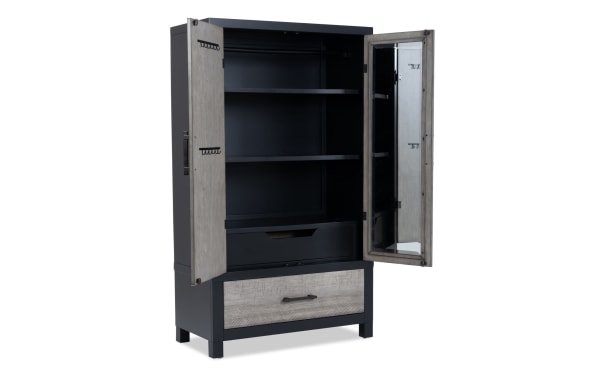 Fusion Black & Gray 2 Drawer Armoire in transitional style with MDF, poplar solids, birch veneers, featuring black frame, gray doors, interior mirror, shelves, and bar hardware.
