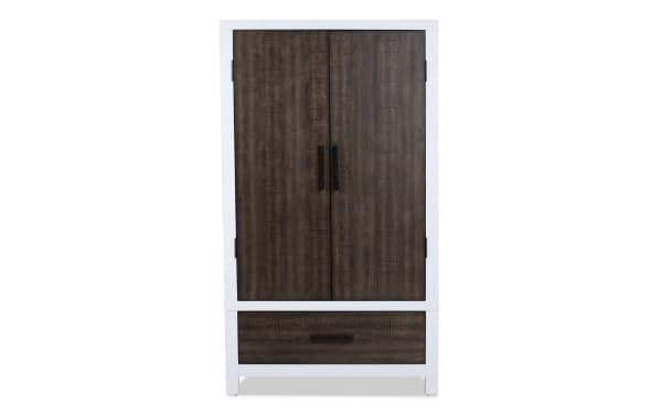 Fusion White & Brown 2 Drawer Armoire from Fusion collection, transitional style with MDF, poplar solids, birch veneers, featuring dark wood doors, white frame, two drawers, and sleek bar handles.