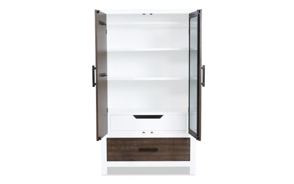 Fusion White & Brown 2 Drawer Armoire from Fusion collection, transitional style with MDF, poplar solids, birch veneers, featuring white shelves, brown drawers, bar hardware, and an interior door mirror.