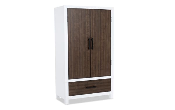 Fusion White & Brown 2 Drawer Armoire with transitional style, MDF, poplar solids, birch veneers, featuring two brown wood doors, interior mirror, and white frame.