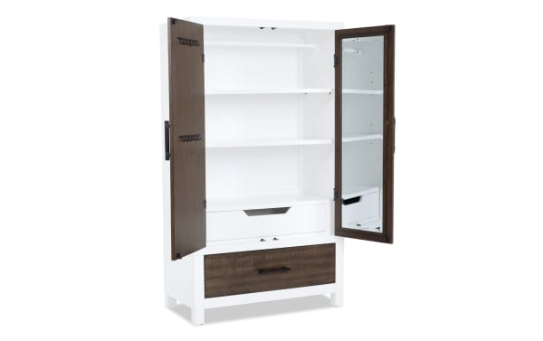Fusion White & Brown 2 Drawer Armoire from Fusion collection, transitional style with MDF, poplar solids, birch veneers, mirrored door, shelves, and bar hardware.