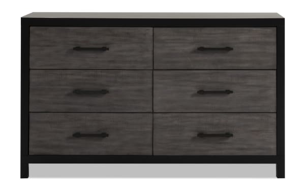 Fusion Black & Gray 6 Drawer Dresser in transitional style with MDF, poplar solids, birch veneer, felt-lined top drawer, and black bar handles.