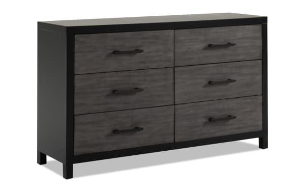 Fusion Black & Gray 6 Drawer Dresser in transitional style with black bar handles, MDF, poplar solids, and birch veneer construction, featuring a felt-lined top drawer.