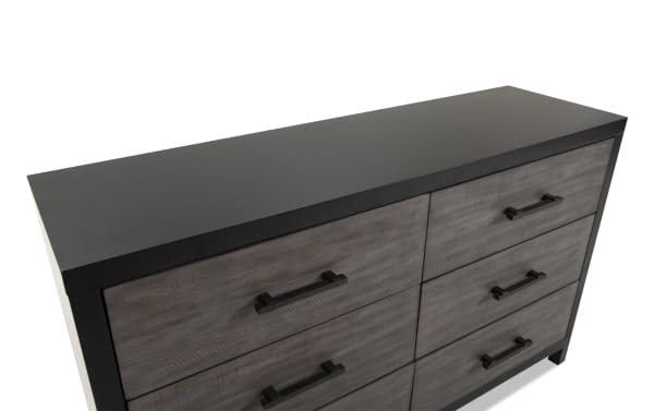 Fusion Black & Gray 6 Drawer Dresser with transitional style, featuring black bar handles, MDF, poplar solids, and birch veneer construction.