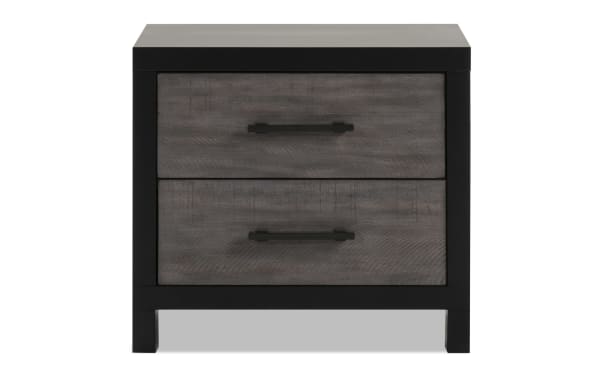 Fusion Black & Gray 2 Drawer Nightstand with birch veneer, MDF, and poplar solids, featuring bar handle hardware and smooth dovetail drawers in transitional style.