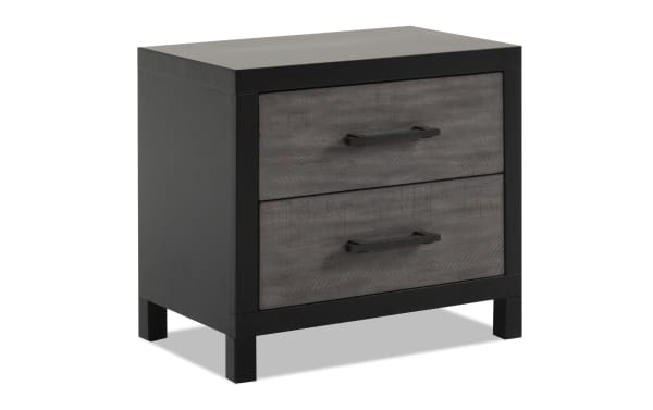 Fusion Black & Gray 2 Drawer Nightstand from Fusion collection, featuring transitional style, birch veneer, MDF, poplar solids, and black bar handles.