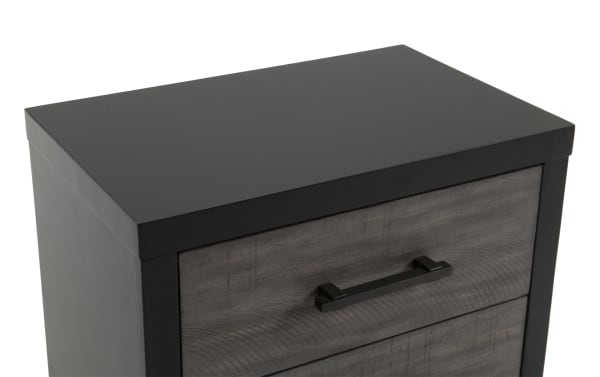 Fusion Black & Gray 2 Drawer Nightstand with birch veneer, MDF, and poplar solids in transitional style, featuring smooth-glide dovetail drawers and black bar handles.