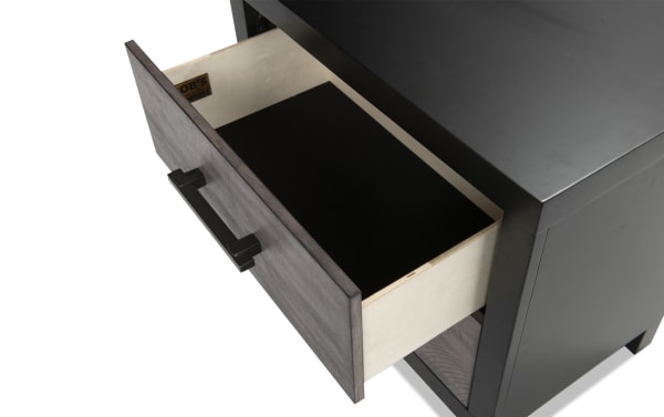 Fusion Black & Gray 2 Drawer Nightstand from the Fusion collection, featuring birch veneer, dovetail drawers, and black bar handles in a transitional style.