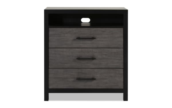 Fusion Black & Gray 3 Drawer TV Chest in transitional style, featuring birch veneer, MDF, poplar solids, bar handle hardware, and cord management slot.