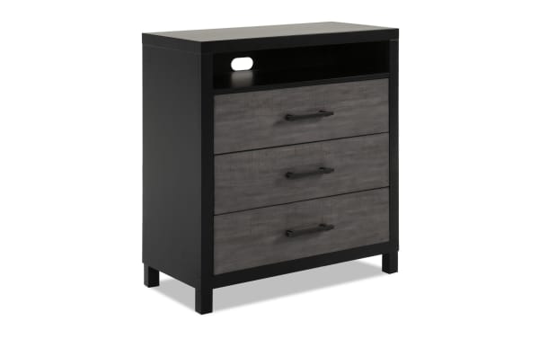 Fusion Black & Gray 3 Drawer TV Chest in transitional style with birch veneer, MDF, poplar solids, bar handle hardware, and cord management slot.