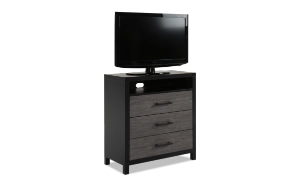 Fusion Black & Gray 3 Drawer TV Chest with birch veneer, MDF, and poplar solids. Transitional style with black frame, gray wood drawers, bar handles, cord management, and felt-lined drawers.