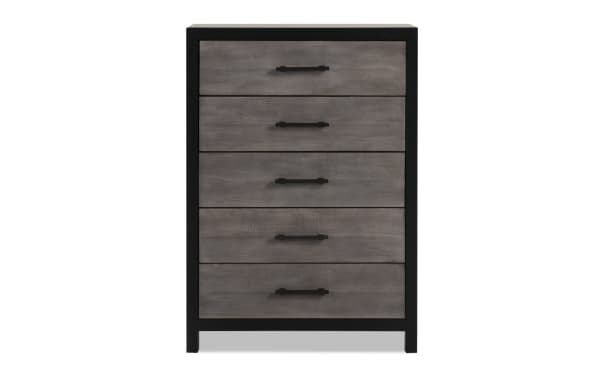 Fusion Black & Gray 5 Drawer Lift-Top Chest in transitional style with birch veneer, MDF, poplar solids, black frame, gray wood drawers, and bar handles.