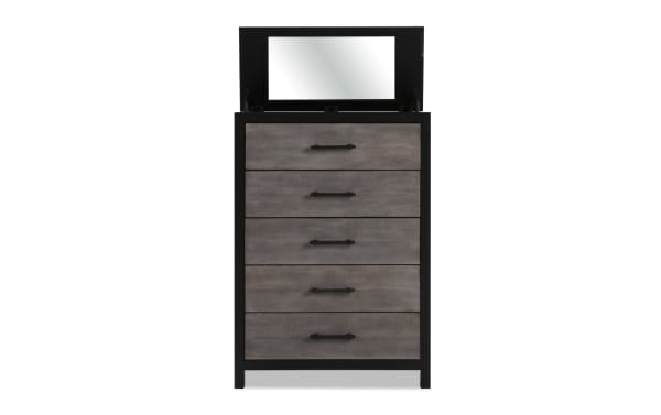 Fusion Black & Gray 5 Drawer Lift-Top Chest with birch veneer, MDF, poplar solids, transitional style, bar handle hardware, felt-lined drawers, and hidden mirror.