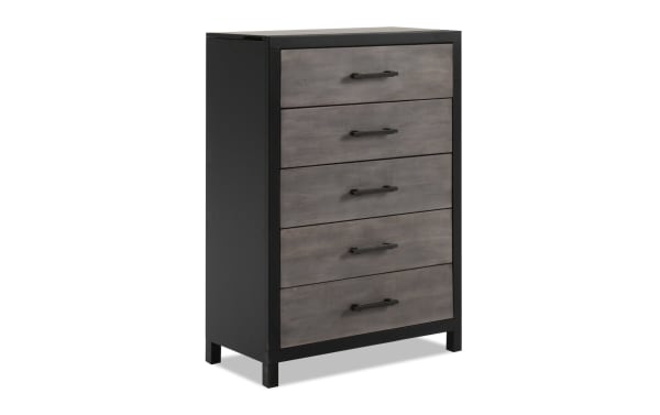 Fusion Black & Gray 5 Drawer Lift-Top Chest in transitional style with black frame, gray birch veneer drawers, bar handles, and lift-top mirror.