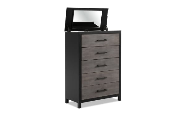 Fusion Black & Gray 5 Drawer Lift-Top Chest with birch veneer, MDF, poplar solids, transitional style, felt-lined drawers, bar handle hardware, and hidden mirror.