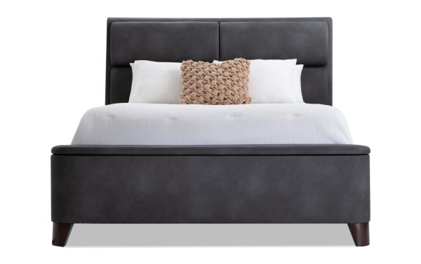 Belmont Queen Graphite Upholstered Storage Panel Bed in gray polyester fabric with hidden headboard and footboard storage, USB ports, and transitional style.