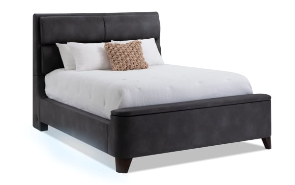 Belmont Queen Graphite Upholstered Storage Panel Bed in gray polyester fabric with hidden headboard and footboard storage, USB ports, and transitional style.