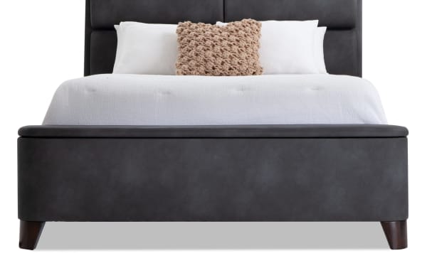 Belmont Queen Graphite Upholstered Storage Panel Bed in gray polyester fabric with hidden headboard and footboard storage, transitional style, USB ports.