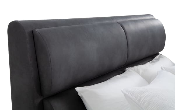 Belmont Queen Graphite Upholstered Storage Panel Bed headboard in gray fabric polyester with cushioned, transitional style and built-in USB ports.