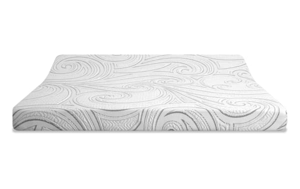 4.5-inch queen firm sleeper sofa mattress with white cooling fabric cover featuring embossed swirling patterns, Bob-O-Pedic gel memory foam for temperature-sensitive comfort.