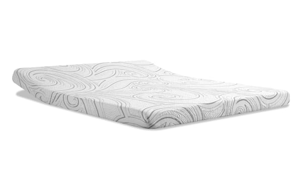 4.5-inch queen firm cooling sleeper sofa mattress with white gel memory foam and textured cooling fabric cover, designed for comfort and temperature regulation.