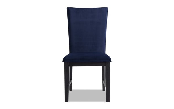 Cosmopolitan Espresso & Navy Solid Back Upholstered Dining Chair in velvet fabric with memory foam, espresso wood legs, contemporary style.