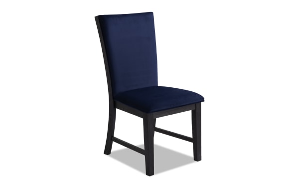Contemporary Cosmopolitan Espresso & Navy dining chair with velvet upholstery, memory foam seat, espresso-finished rubberwood legs, and solid back.
