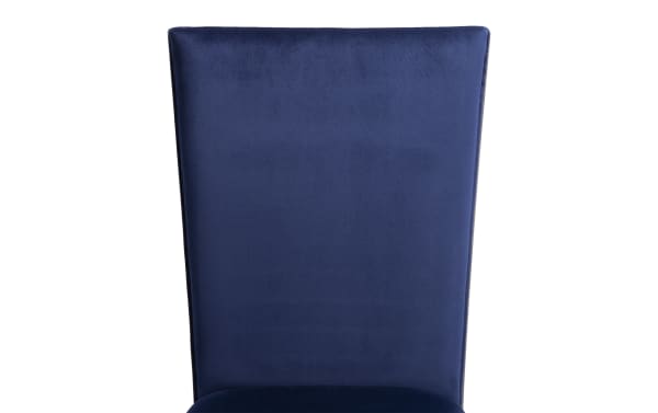 Contemporary Cosmopolitan Dining chair with navy velvet upholstery, memory foam padding, and deep espresso-finished rubberwood legs.