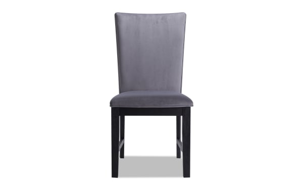 Contemporary Cosmopolitan Dining Chair in gray velvet fabric with memory foam seat, solid back, and deep espresso rubberwood legs.
