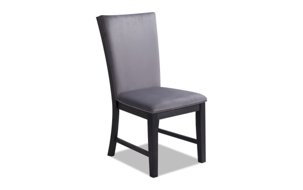 Contemporary Cosmopolitan Dining Chair in gray velvet upholstery with memory foam, espresso-finished rubberwood legs, solid back design.