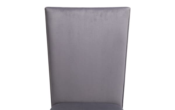 Contemporary Cosmopolitan Espresso & Gunmetal solid back dining chair in gray velvet fabric with plush memory foam cushioning and sleek tapered silhouette.