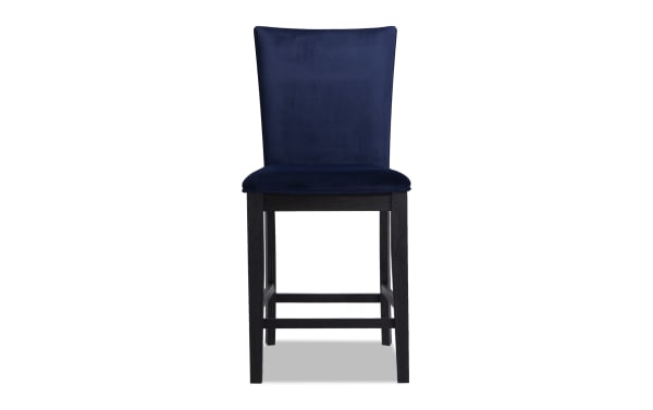 Contemporary Cosmopolitan Dining upholstered counter stool in navy velvet fabric with memory foam seat, espresso-finished rubberwood legs, and solid back.