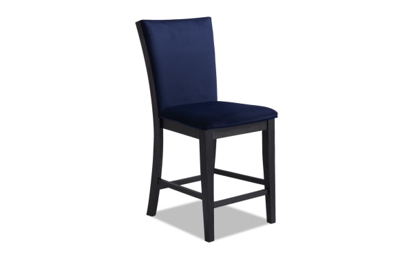 Contemporary Cosmopolitan Black & Navy upholstered counter stool with velvet fabric, memory foam seat, espresso-finished rubberwood legs, and solid back.