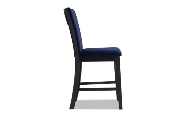 Contemporary Cosmopolitan Black & Navy counter height stool with navy velvet upholstery, memory foam seat, and espresso-finished rubberwood legs.